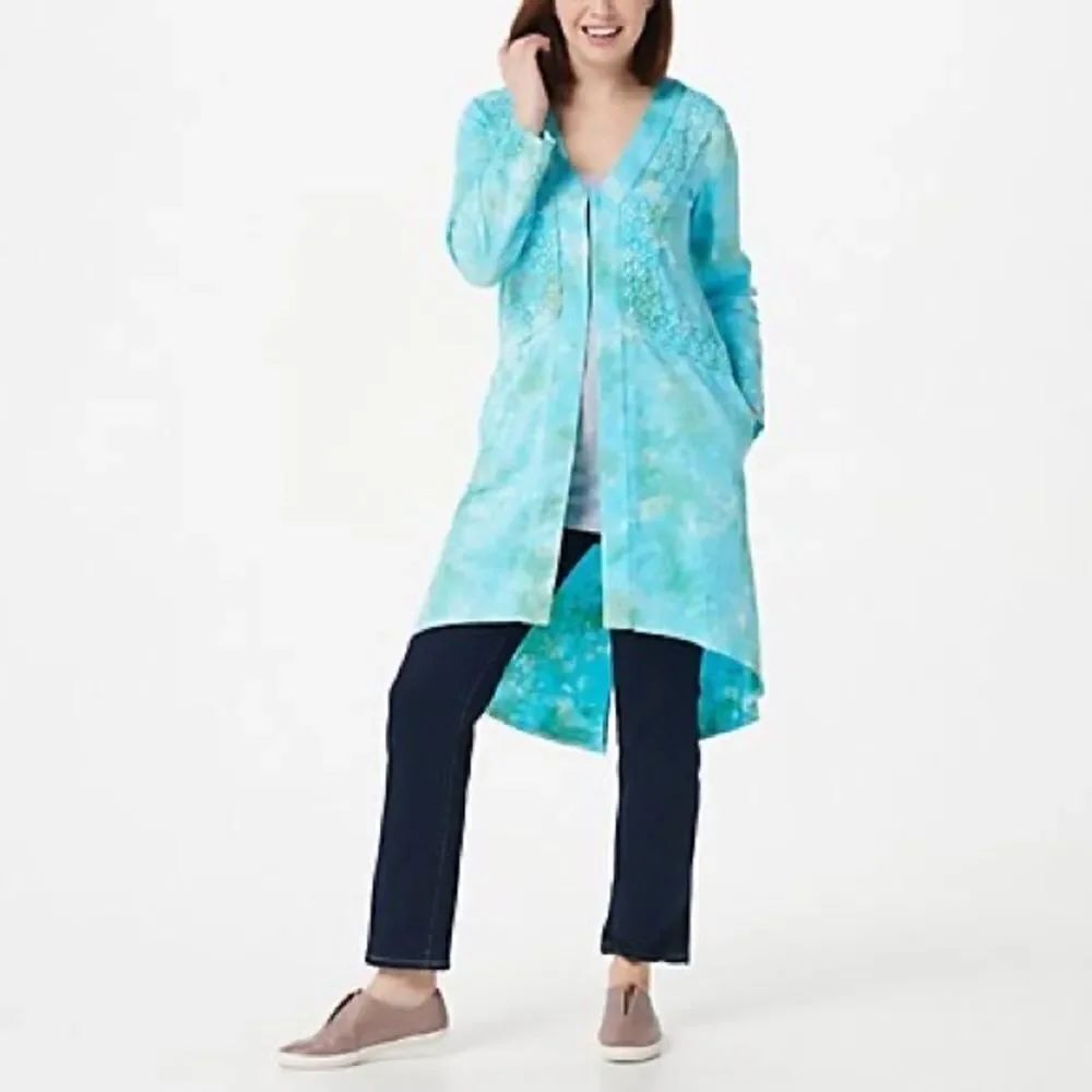 LOGO Lavish by Lori Goldstein Crochet Lace Hand Tie Dyed Duster